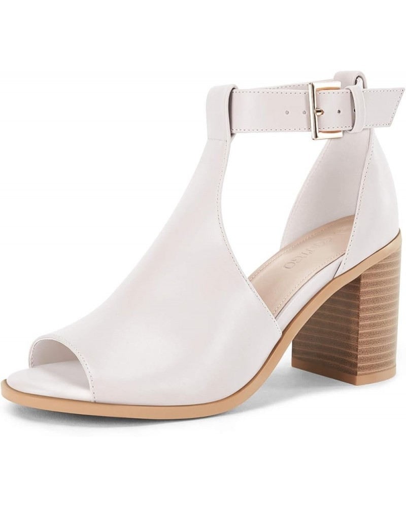 Women's Dress Booties Cut Out Chunky Heeled Sandals Ankle Buckle Strap Peep Toe Boots Beige $22.69 Sandals