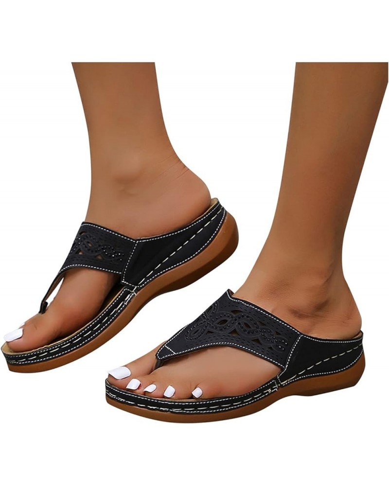 Orthopedic Sandals for Women Close Toe Platform & Wedge Sandals Lace-Up Shoes Leather Outdoor Ankle Ladies Flip Flops Z10-bla...