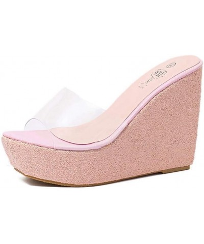 Women's Clear Wedge Platform Sandals Glitter Sequins Slip On Open Toe Thick High Heel Slide Sandal Pink $27.84 Sandals