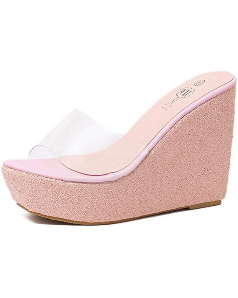 Women's Clear Wedge Platform Sandals Glitter Sequins Slip On Open Toe Thick High Heel Slide Sandal Pink $27.84 Sandals