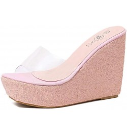 Women's Clear Wedge Platform Sandals Glitter Sequins Slip On Open Toe Thick High Heel Slide Sandal Pink $27.84 Sandals