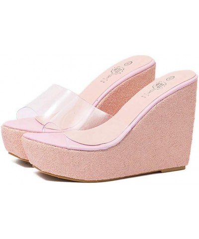 Women's Clear Wedge Platform Sandals Glitter Sequins Slip On Open Toe Thick High Heel Slide Sandal Pink $27.84 Sandals