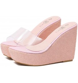 Women's Clear Wedge Platform Sandals Glitter Sequins Slip On Open Toe Thick High Heel Slide Sandal Pink $27.84 Sandals