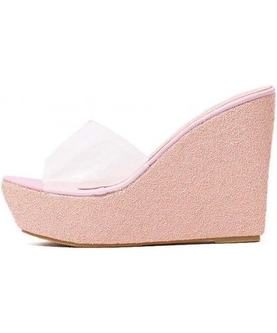 Women's Clear Wedge Platform Sandals Glitter Sequins Slip On Open Toe Thick High Heel Slide Sandal Pink $27.84 Sandals