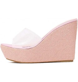 Women's Clear Wedge Platform Sandals Glitter Sequins Slip On Open Toe Thick High Heel Slide Sandal Pink $27.84 Sandals