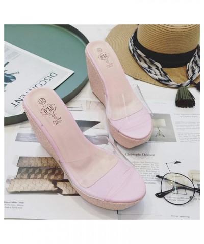 Women's Clear Wedge Platform Sandals Glitter Sequins Slip On Open Toe Thick High Heel Slide Sandal Pink $27.84 Sandals