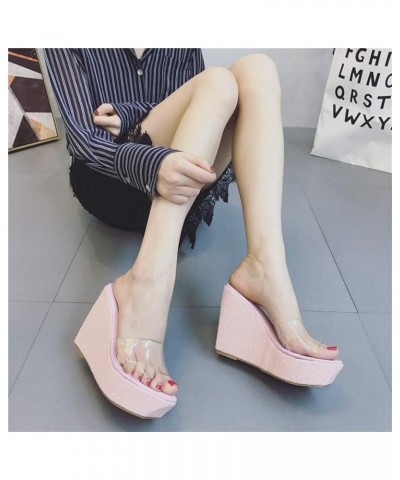 Women's Clear Wedge Platform Sandals Glitter Sequins Slip On Open Toe Thick High Heel Slide Sandal Pink $27.84 Sandals