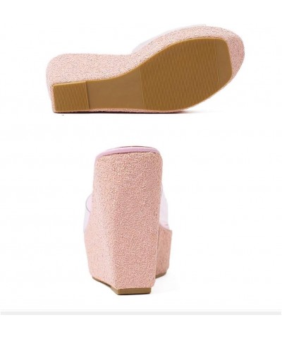 Women's Clear Wedge Platform Sandals Glitter Sequins Slip On Open Toe Thick High Heel Slide Sandal Pink $27.84 Sandals