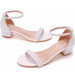 2.95'' Full Pearls Block Heels Sandals Peep Toe Rhinestone Women's Chunky Heel Pump Shoes For Bride Wedding Party Evening Dre...