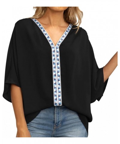 Women Casual Embroidery V Neck Half Sleeves Shirt Blouse Loose Tunic Top Black - 2024 Independence Day $10.43 Loafers & Slip-Ons