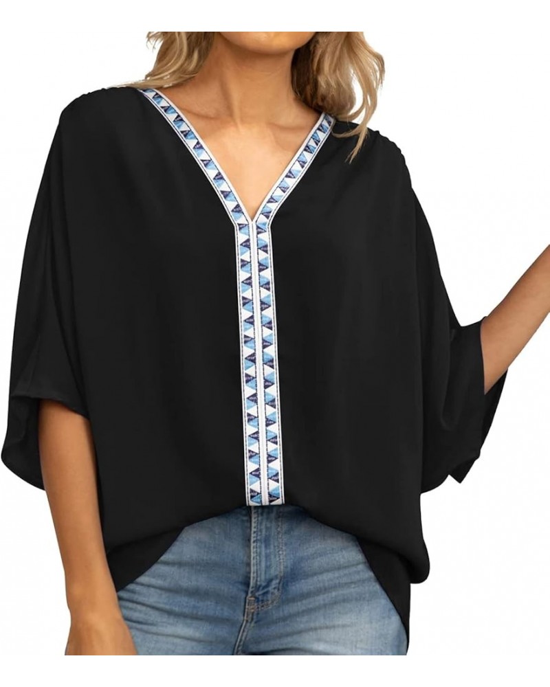 Women Casual Embroidery V Neck Half Sleeves Shirt Blouse Loose Tunic Top Black - 2024 Independence Day $10.43 Loafers & Slip-Ons