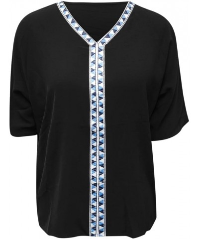 Women Casual Embroidery V Neck Half Sleeves Shirt Blouse Loose Tunic Top Black - 2024 Independence Day $10.43 Loafers & Slip-Ons