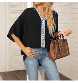 Women Casual Embroidery V Neck Half Sleeves Shirt Blouse Loose Tunic Top Black - 2024 Independence Day $10.43 Loafers & Slip-Ons