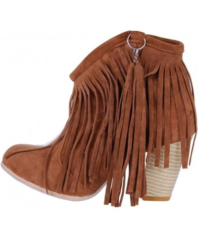 Womens Tassel Fringe Cowboy Boots Faux Suede Chunky High Heel Ankle Boots Brown $21.58 Boots