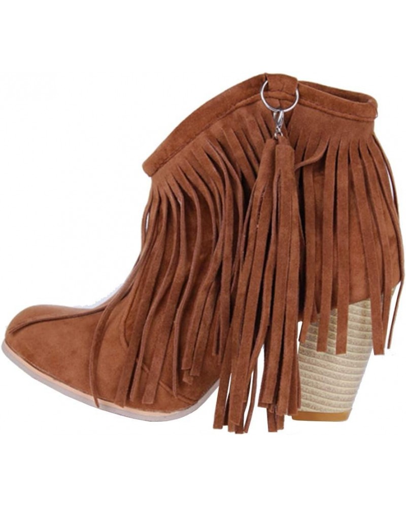 Womens Tassel Fringe Cowboy Boots Faux Suede Chunky High Heel Ankle Boots Brown $21.58 Boots