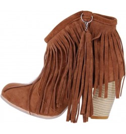 Womens Tassel Fringe Cowboy Boots Faux Suede Chunky High Heel Ankle Boots Brown $21.58 Boots