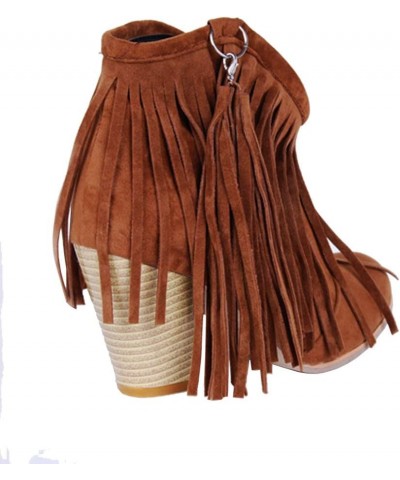 Womens Tassel Fringe Cowboy Boots Faux Suede Chunky High Heel Ankle Boots Brown $21.58 Boots