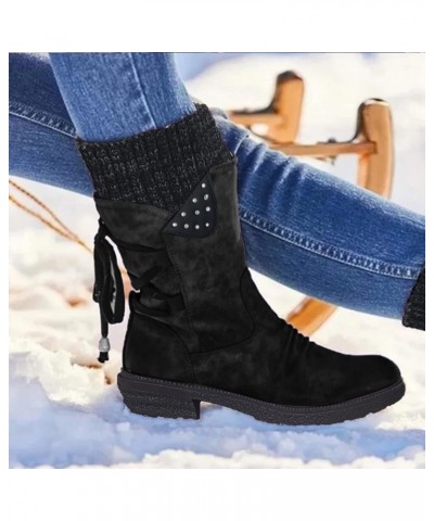 Boots for Women Fashion Dressy, Snow Boots for Women Fur Lined Round Toe Boots Square Heel Outdoor Mid Calf Boots Black $17.2...