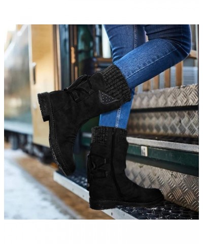 Boots for Women Fashion Dressy, Snow Boots for Women Fur Lined Round Toe Boots Square Heel Outdoor Mid Calf Boots Black $17.2...