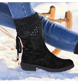 Boots for Women Fashion Dressy, Snow Boots for Women Fur Lined Round Toe Boots Square Heel Outdoor Mid Calf Boots Black $17.2...