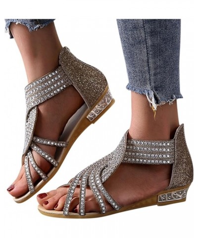 Sandals for Women Dressy Summer Casual Wedge Sandals Rhinestones Zipper Sandals Open Toe Sandals Gold $15.29 Outdoor Shoes