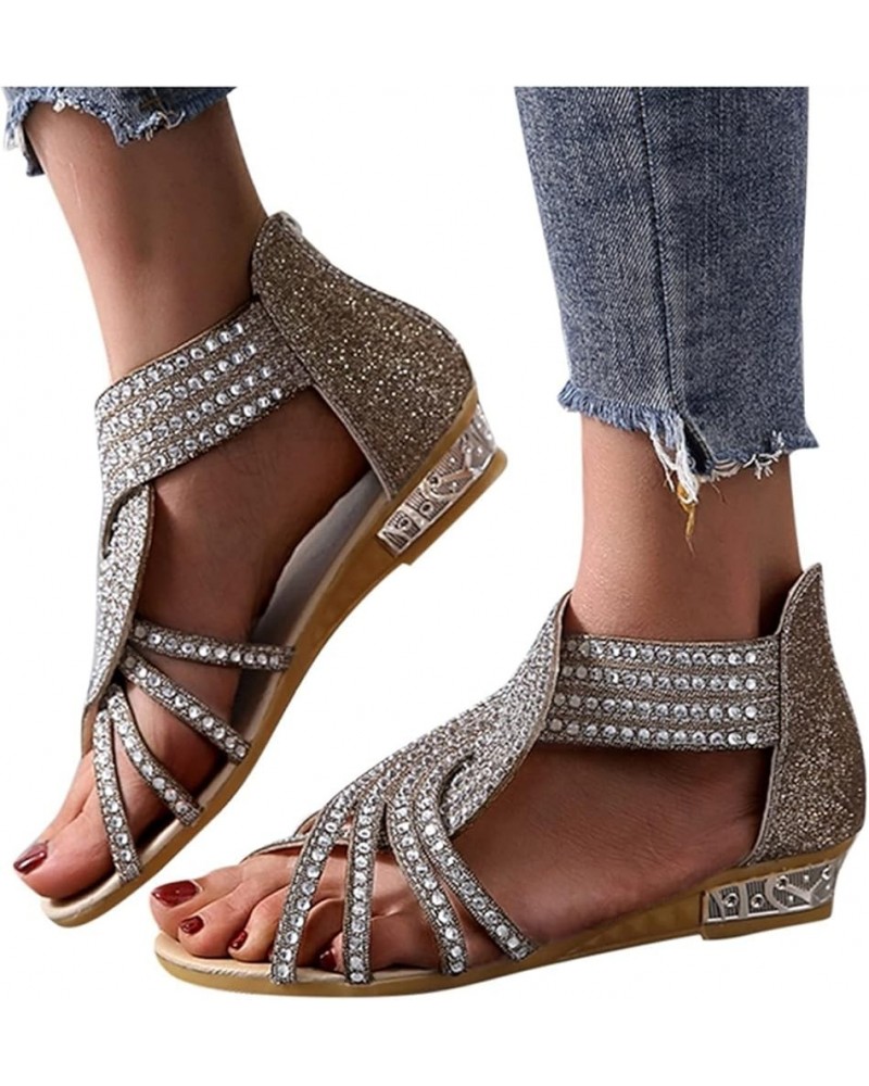 Sandals for Women Dressy Summer Casual Wedge Sandals Rhinestones Zipper Sandals Open Toe Sandals Gold $15.29 Outdoor Shoes