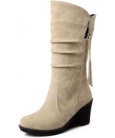 Casual Women Mid-Calf Wedge Boots Beige $21.29 Boots