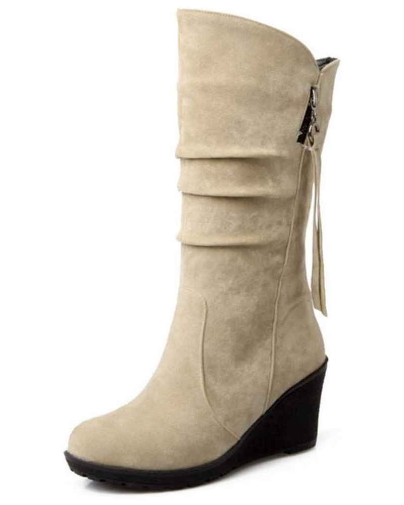 Casual Women Mid-Calf Wedge Boots Beige $21.29 Boots