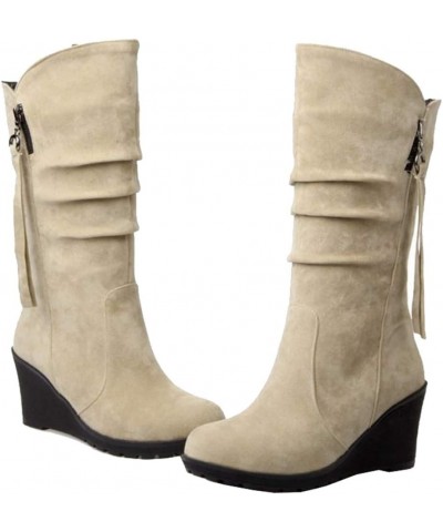 Casual Women Mid-Calf Wedge Boots Beige $21.29 Boots