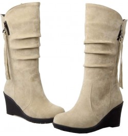 Casual Women Mid-Calf Wedge Boots Beige $21.29 Boots