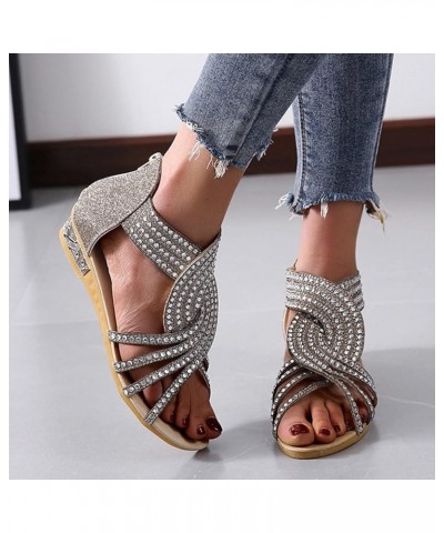 Sandals for Women Dressy Summer Casual Wedge Sandals Rhinestones Zipper Sandals Open Toe Sandals Gold $15.29 Outdoor Shoes