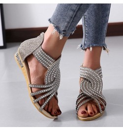 Sandals for Women Dressy Summer Casual Wedge Sandals Rhinestones Zipper Sandals Open Toe Sandals Gold $15.29 Outdoor Shoes