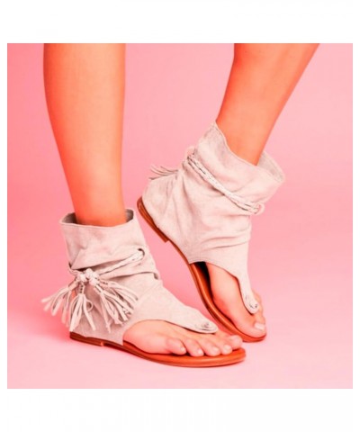 Flat Sandals for Women Dressy Summer Sandals Women Flat Retro Tassel Gladiator Sandals Boho Clip-Toe T-Strap Sandals White $1...