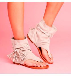 Flat Sandals for Women Dressy Summer Sandals Women Flat Retro Tassel Gladiator Sandals Boho Clip-Toe T-Strap Sandals White $1...