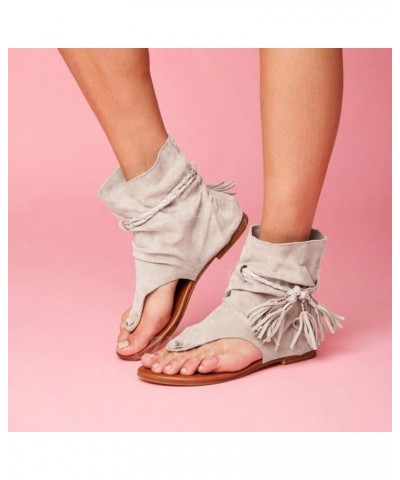 Flat Sandals for Women Dressy Summer Sandals Women Flat Retro Tassel Gladiator Sandals Boho Clip-Toe T-Strap Sandals White $1...