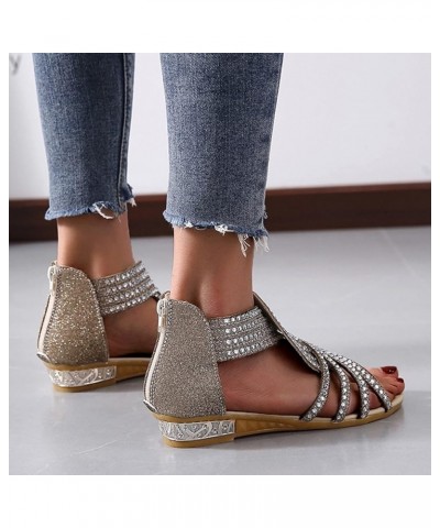 Sandals for Women Dressy Summer Casual Wedge Sandals Rhinestones Zipper Sandals Open Toe Sandals Gold $15.29 Outdoor Shoes