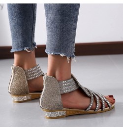 Sandals for Women Dressy Summer Casual Wedge Sandals Rhinestones Zipper Sandals Open Toe Sandals Gold $15.29 Outdoor Shoes