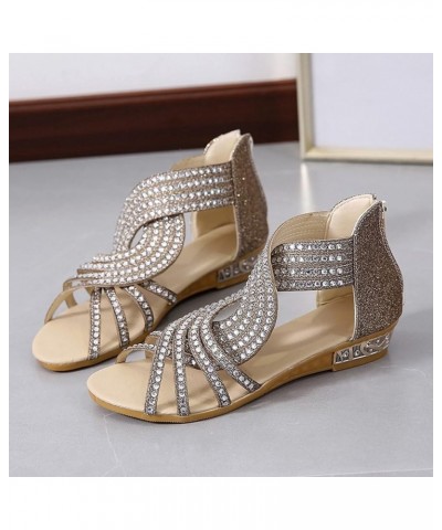 Sandals for Women Dressy Summer Casual Wedge Sandals Rhinestones Zipper Sandals Open Toe Sandals Gold $15.29 Outdoor Shoes