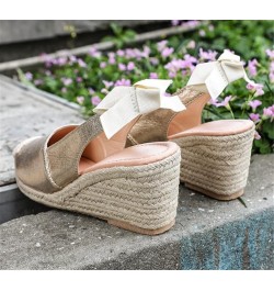 Fashion Sandals 2021 Summer Wedge Sandals Female Bow Snake Pattern Baotou High-Heeled Sandals 8cm Female Gold 6.5 Gold $28.38...