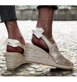 Fashion Sandals 2021 Summer Wedge Sandals Female Bow Snake Pattern Baotou High-Heeled Sandals 8cm Female Gold 6.5 Gold $28.38...