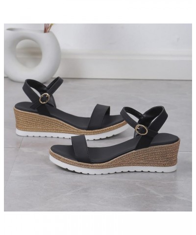 Women's Casual Side Hollow Belt Buckle Slope Bottom Roman Shoes Summer Fashion Ladies Thong Sandals for Women with Black $14....