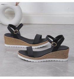 Women's Casual Side Hollow Belt Buckle Slope Bottom Roman Shoes Summer Fashion Ladies Thong Sandals for Women with Black $14....