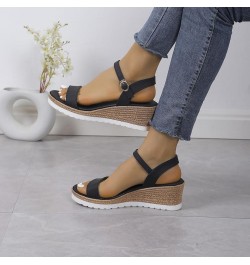 Women's Casual Side Hollow Belt Buckle Slope Bottom Roman Shoes Summer Fashion Ladies Thong Sandals for Women with Black $14....