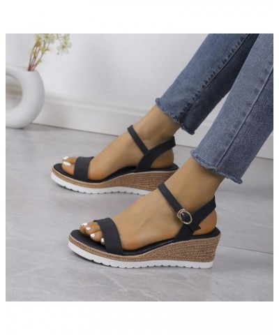 Women's Casual Side Hollow Belt Buckle Slope Bottom Roman Shoes Summer Fashion Ladies Thong Sandals for Women with Black $14....