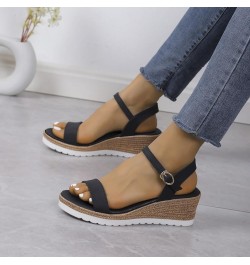 Women's Casual Side Hollow Belt Buckle Slope Bottom Roman Shoes Summer Fashion Ladies Thong Sandals for Women with Black $14....