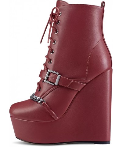 Women High Heel Platform 5.9 Inches Heels Wedge Round Toe Ankle Boots Short Bootie Zipper Lace-up Metal Chain Boots Burgundy ...