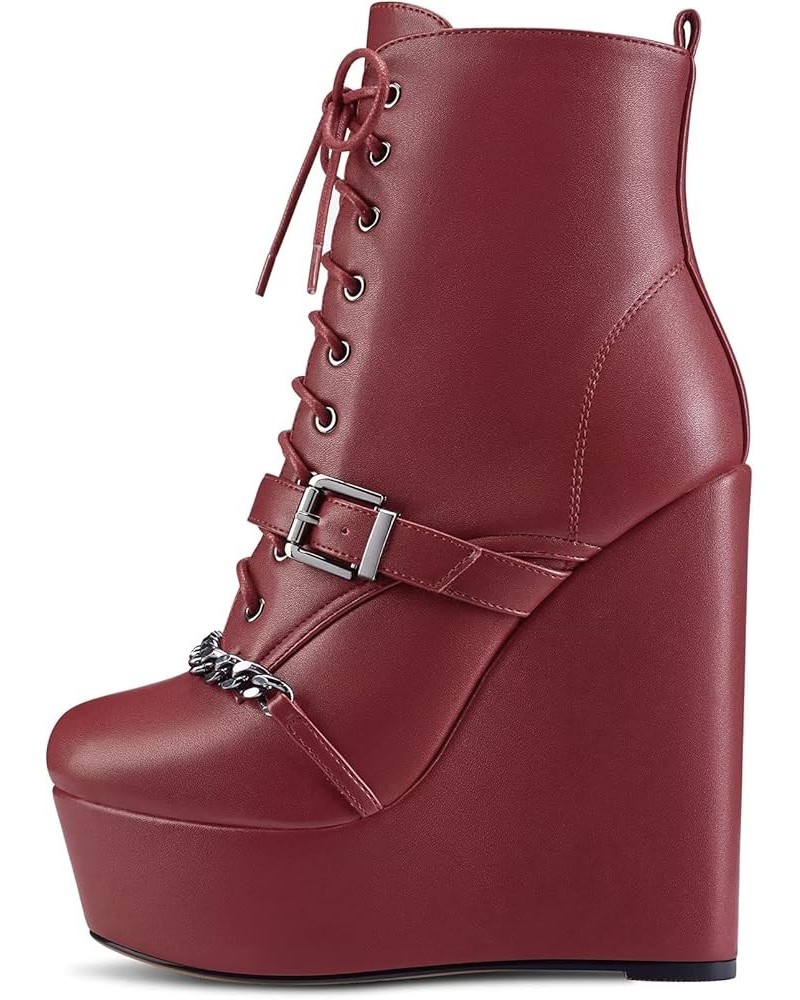 Women High Heel Platform 5.9 Inches Heels Wedge Round Toe Ankle Boots Short Bootie Zipper Lace-up Metal Chain Boots Burgundy ...