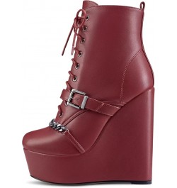 Women High Heel Platform 5.9 Inches Heels Wedge Round Toe Ankle Boots Short Bootie Zipper Lace-up Metal Chain Boots Burgundy ...