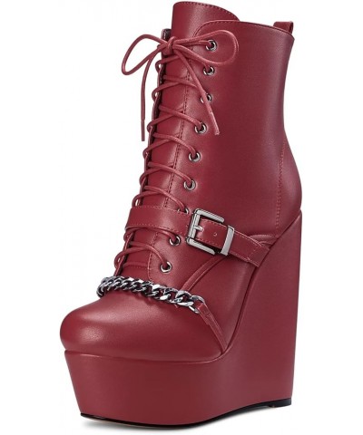 Women High Heel Platform 5.9 Inches Heels Wedge Round Toe Ankle Boots Short Bootie Zipper Lace-up Metal Chain Boots Burgundy ...