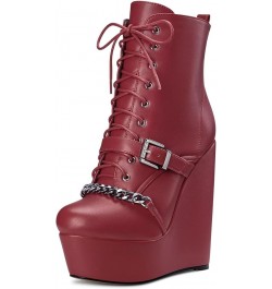 Women High Heel Platform 5.9 Inches Heels Wedge Round Toe Ankle Boots Short Bootie Zipper Lace-up Metal Chain Boots Burgundy ...